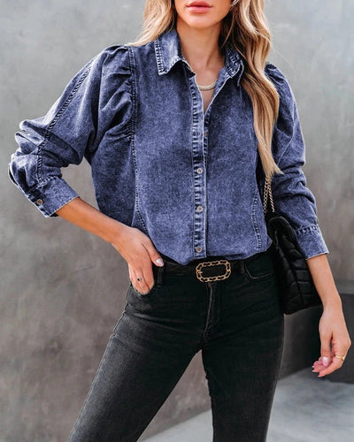 Denim Pockets Lapel Puff Sleeves Shirt SHIRT SWEET KAMA 