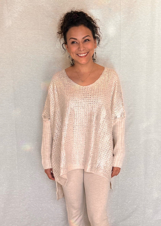 MNRK-BISQUE METALLIC FRONT KNIT SWEATER JEMS Boutique Style 