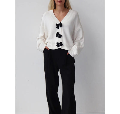 Isabella Knit Cardigan with Suede Bow Snaps Cardigan BRUNETTE THE LABEL 