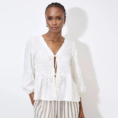 FLORAL EMBROIDERED LINEN TIE UP Top Apricot Collections 