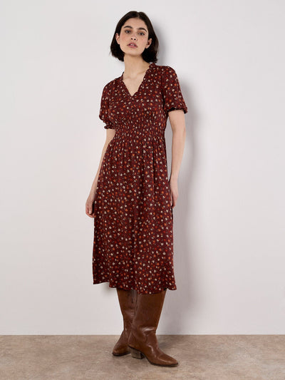 Ditsy Floral Smocked Midi Dress DRESS Apricot Collections 