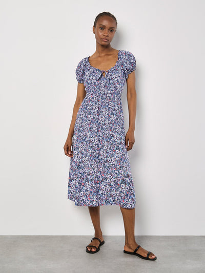 Watercolour Floral Milkmaid Midi Dress DRESS Apricot Collections 