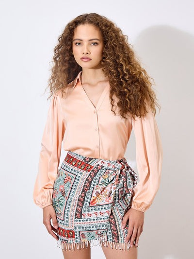 Tropical Print Beaded Wrap Mini Skirt SKIRT Apricot Collections 