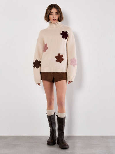 Embroidered Flower Chunky Knit Sweater Apricot Collections 