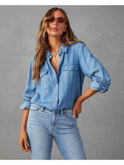 Ladies Denim Pockets Long Sleeves Shirt shirt SWEETKAMA 