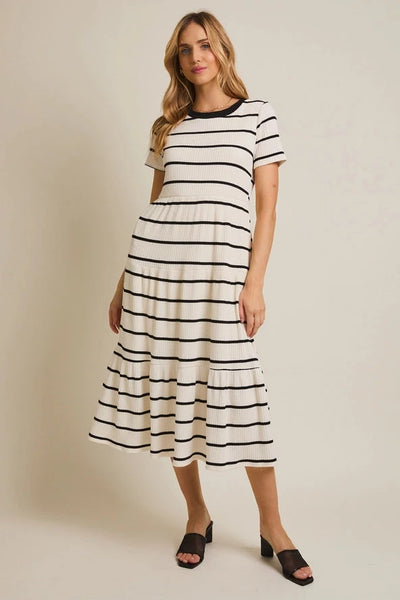 Round Neck Half Sleeve Tiered Stripe Midi Dress DRESS Gilli Clothing 