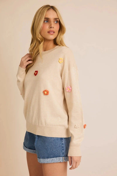 Round Neck Long Sleeve Floral Trim Sweater Sweater Gilli Clothing 