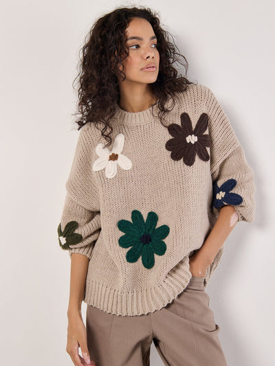 Embroidered Daisies Sweater Sweater Apricot Collections 