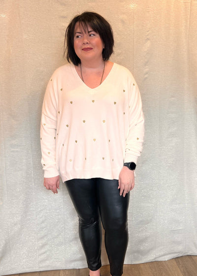 MNRK-PORCELAIN KNIT OVERSIZED V NECK WITH GOLD HEARTS JEMS Boutique Style 