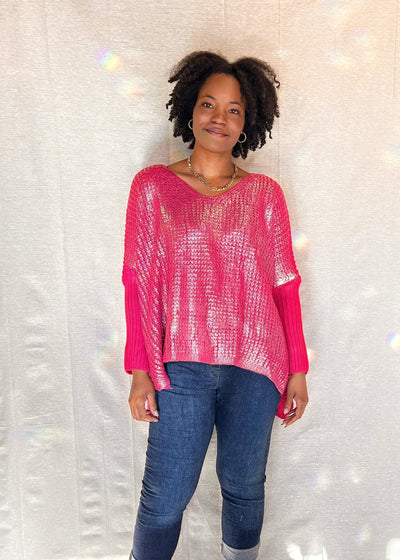 MNRK-FUSHIA METALLIC FRONT KNIT SWEATER JEMS Boutique Style 