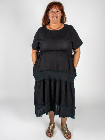 MNRK - Black Linen Midi Tiered Dress Dress MNRK 