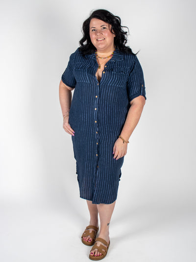 MNRK - Navy Stripe Linen Button Up Dress DRESS MNRK 
