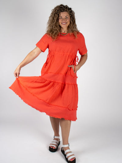 MNRK - Coral Linen Midi Tiered Dress Dress MNRK 