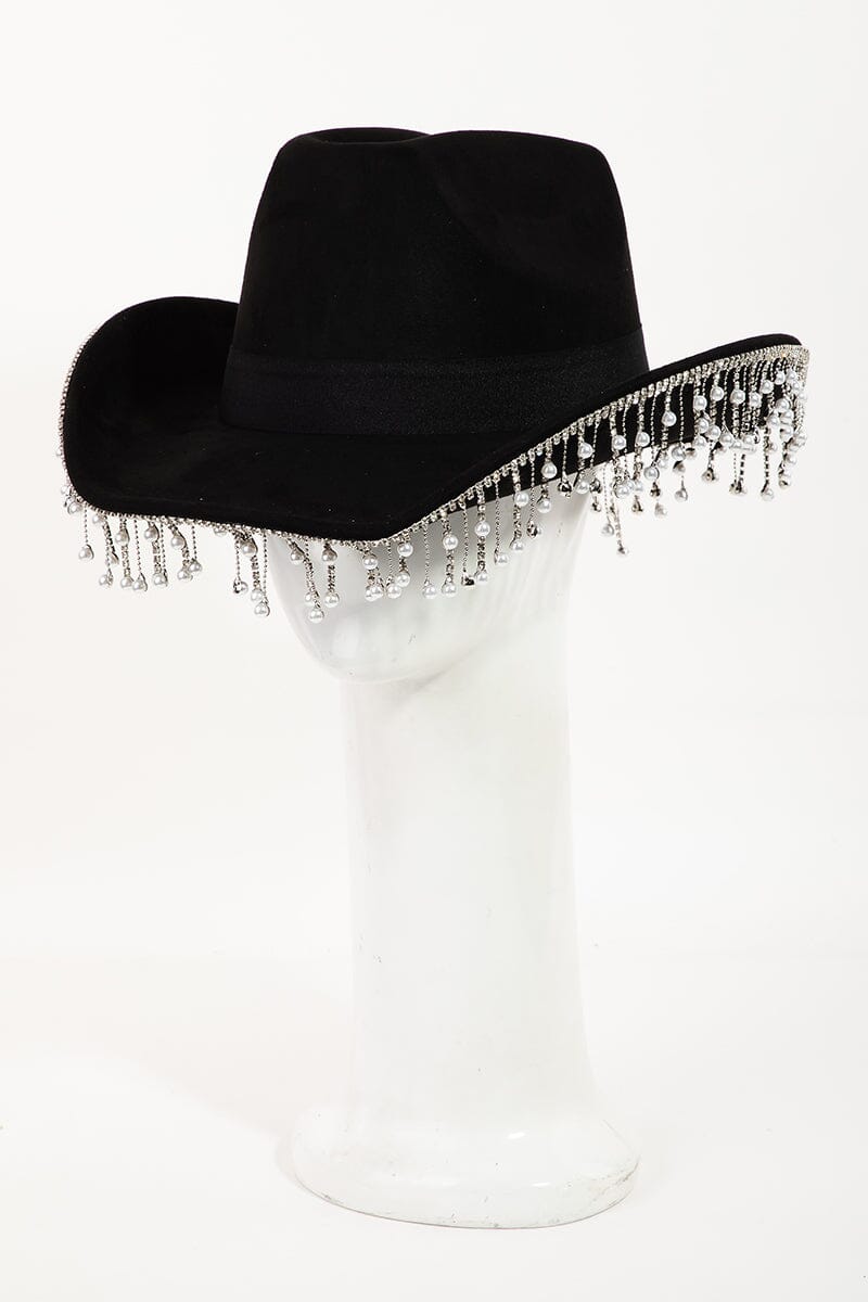 Pearl Rhinestone Fringe Trim Western Cowboy Hat Black – JEMS  display picture 2