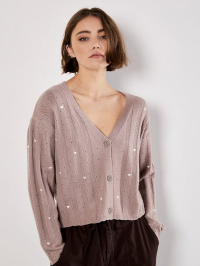 Embroider Hearts Cardigan Cardigan Apricot Collections 